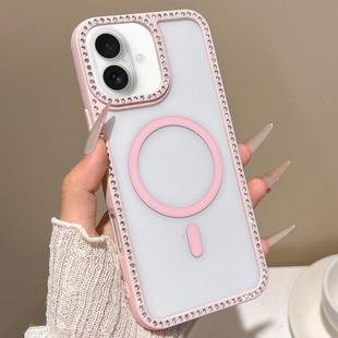 For iPhone 16 Large Lens Hole Rhinestone Frame MagSafe Phone Case(Pink)