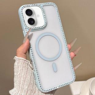 For iPhone 16 Large Lens Hole Rhinestone Frame MagSafe Phone Case(Blue)