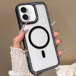 For iPhone 16 Large Lens Hole Rhinestone Frame MagSafe Phone Case(Black)