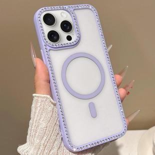For iPhone 15 Pro Large Lens Hole Rhinestone Frame MagSafe Phone Case(Purple)