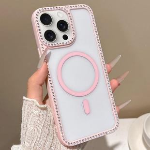 For iPhone 15 Pro Large Lens Hole Rhinestone Frame MagSafe Phone Case(Pink)
