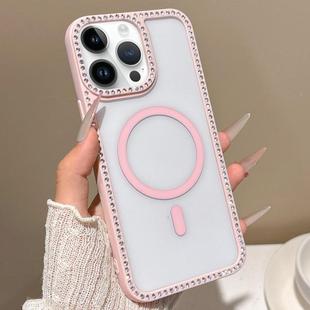 For iPhone 14 Pro Max Large Lens Hole Rhinestone Frame MagSafe Phone Case(Pink)
