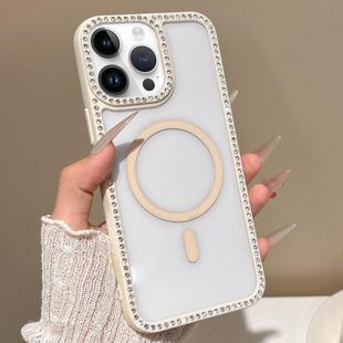 For iPhone 14 Pro Max Large Lens Hole Rhinestone Frame MagSafe Phone Case(Beige)