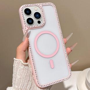 For iPhone 13 Pro Large Lens Hole Rhinestone Frame MagSafe Phone Case(Pink)