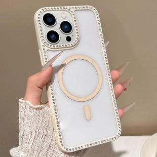 For iPhone 13 Pro Large Lens Hole Rhinestone Frame MagSafe Phone Case(Beige)