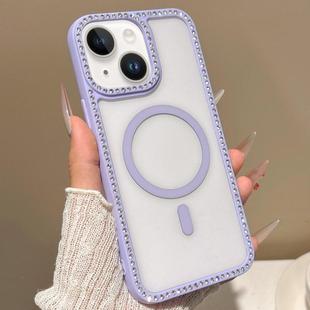 For iPhone 13 mini Large Lens Hole Rhinestone Frame MagSafe Phone Case(Purple)