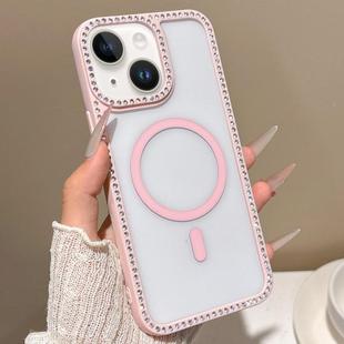 For iPhone 13 mini Large Lens Hole Rhinestone Frame MagSafe Phone Case(Pink)