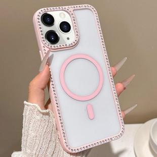 For iPhone 11 Pro Max Large Lens Hole Rhinestone Frame MagSafe Phone Case(Pink)