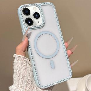 For iPhone 11 Pro Max Large Lens Hole Rhinestone Frame MagSafe Phone Case(Blue)
