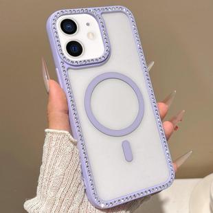 For iPhone 11 Large Lens Hole Rhinestone Frame MagSafe Phone Case(Purple)