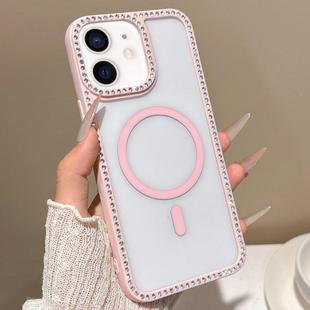 For iPhone 11 Large Lens Hole Rhinestone Frame MagSafe Phone Case(Pink)