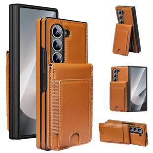 For Samsung Galaxy Z Fold6 Folding Card Holder Tempered Film Integrated Leather Phone Case(Brown)