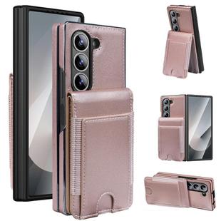 For Samsung Galaxy Z Fold6 Folding Card Holder Tempered Film Integrated Leather Phone Case(Rose Gold)