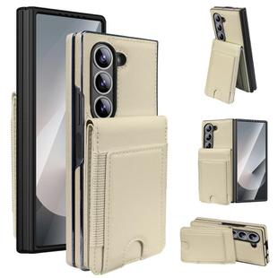 For Samsung Galaxy Z Fold6 Folding Card Holder Tempered Film Integrated Leather Phone Case(Beige)