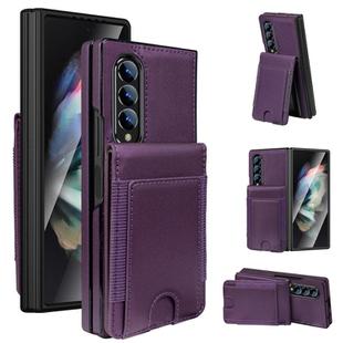 For Samsung Galaxy Z Fold3 Folding Card Holder Tempered Film Integrated Leather Phone Case(Dark Purple)