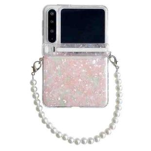 For Huawei Pura X Side Buckle Axis Pearlescent Shell Texture Phone Case with Bracelet(Pink Green)