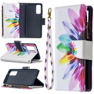 For Samsung Galaxy S20 FE 5G / S20 Lite Colored Drawing Pattern Zipper Horizontal Flip Leather Case with Holder & Card Slots & Wallet(Sun Flower)