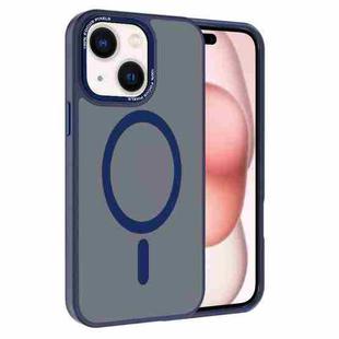 For iPhone 15 Plus Kalebol Metal Lens Frame MagSafe Frosted PC Phone Case(Navy Blue)