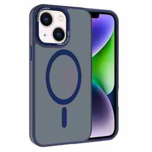 For iPhone 14 Kalebol Metal Lens Frame MagSafe Frosted PC Phone Case(Navy Blue)