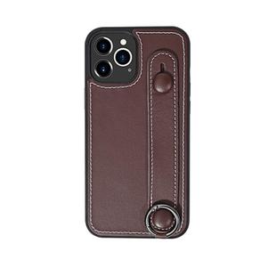 For iPhone 11 Pro Max Top Layer Cowhide Shockproof Protective Case with Wrist Strap Bracket(Coffee)