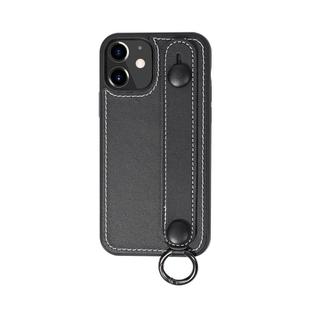 For iPhone 12 / 12 Pro Top Layer Cowhide Shockproof Protective Case with Wrist Strap Bracket(Black)