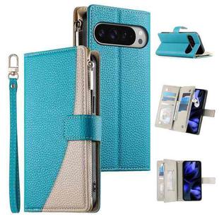 For Google Pixel 9 Pro XL / Pixel 10 Pro XL Stitching Multi-card Zipper Wallet Leather Phone Case with Short Strap(Blue)