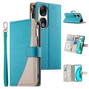 For Honor 90 Stitching Multi-card Zipper Wallet Leather Phone Case with Short Strap(Blue)