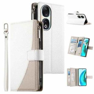 For Honor 90 Stitching Multi-card Zipper Wallet Leather Phone Case with Short Strap(White)