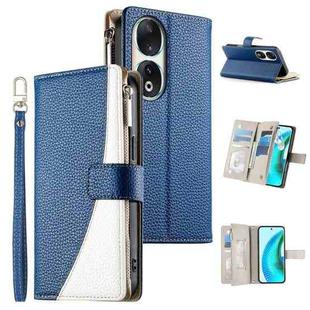 For Honor 90 Stitching Multi-card Zipper Wallet Leather Phone Case with Short Strap(Dark Blue)