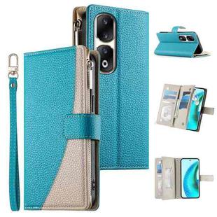 For Honor 90 Pro Stitching Multi-card Zipper Wallet Leather Phone Case with Short Strap(Blue)