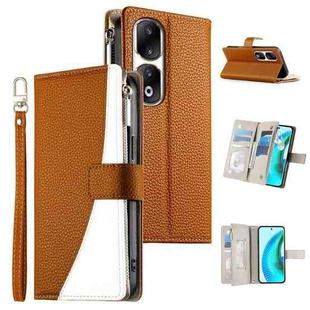 For Honor 90 Pro Stitching Multi-card Zipper Wallet Leather Phone Case with Short Strap(Brown)