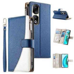 For Honor 90 Pro Stitching Multi-card Zipper Wallet Leather Phone Case with Short Strap(Dark Blue)