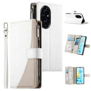 For Honor 200 Stitching Multi-card Zipper Wallet Leather Phone Case with Short Strap(White)