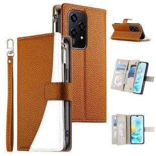 For Honor 200 Lite Global Stitching Multi-card Zipper Wallet Leather Phone Case with Short Strap(Brown)