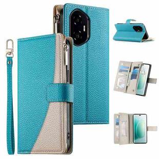 For Honor 300 Stitching Multi-card Zipper Wallet Leather Phone Case with Short Strap(Blue)