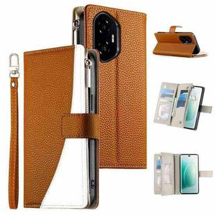For Honor 300 Stitching Multi-card Zipper Wallet Leather Phone Case with Short Strap(Brown)