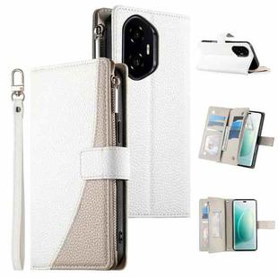 For Honor 300 Stitching Multi-card Zipper Wallet Leather Phone Case with Short Strap(White)