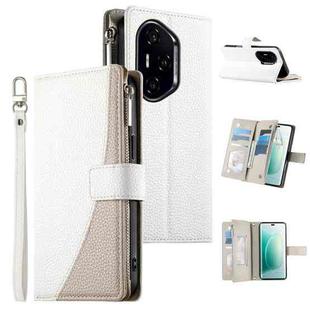 For Honor 300 Pro / Honor 300 Ultra Stitching Multi-card Zipper Wallet Leather Phone Case with Short Strap(White)