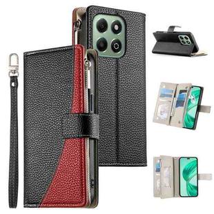 For Honor X6a / Honor X6b 4G Stitching Multi-card Zipper Wallet Leather Phone Case with Short Strap(Black)