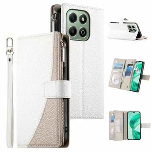 For Honor X6a / Honor X6b 4G Stitching Multi-card Zipper Wallet Leather Phone Case with Short Strap(White)