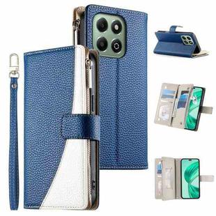 For Honor X6a / Honor X6b 4G Stitching Multi-card Zipper Wallet Leather Phone Case with Short Strap(Dark Blue)