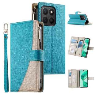 For Honor X8c 4G Stitching Multi-card Zipper Wallet Leather Phone Case with Short Strap(Blue)