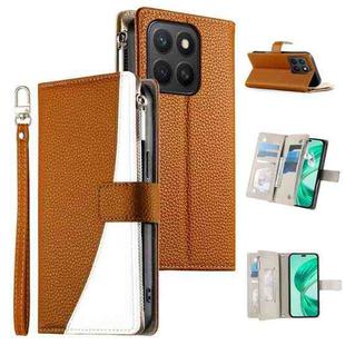 For Honor X8c 4G Stitching Multi-card Zipper Wallet Leather Phone Case with Short Strap(Brown)