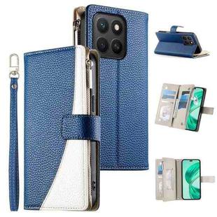 For Honor X8c 4G Stitching Multi-card Zipper Wallet Leather Phone Case with Short Strap(Dark Blue)