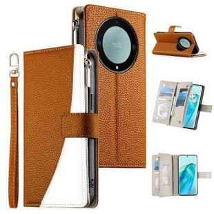 For Honor X9a / X40 / Magic5 Lite Stitching Multi-card Zipper Wallet Leather Phone Case with Short Strap(Brown)