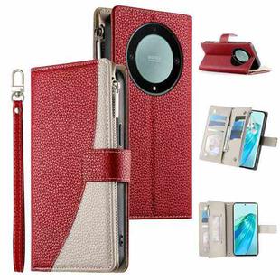 For Honor X9a / X40 / Magic5 Lite Stitching Multi-card Zipper Wallet Leather Phone Case with Short Strap(Red)