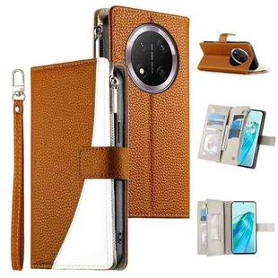 For Honor X9c / Magic7 Lite Stitching Multi-card Zipper Wallet Leather Phone Case with Short Strap(Brown)