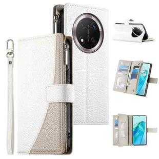 For Honor X9c / Magic7 Lite Stitching Multi-card Zipper Wallet Leather Phone Case with Short Strap(White)