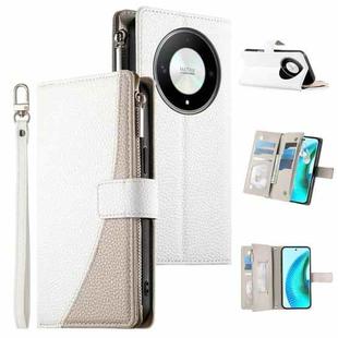 For Honor X50 / Honor X9b Stitching Multi-card Zipper Wallet Leather Phone Case with Short Strap(White)