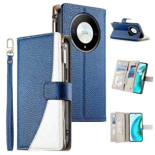 For Honor X50 / Honor X9b Stitching Multi-card Zipper Wallet Leather Phone Case with Short Strap(Dark Blue)